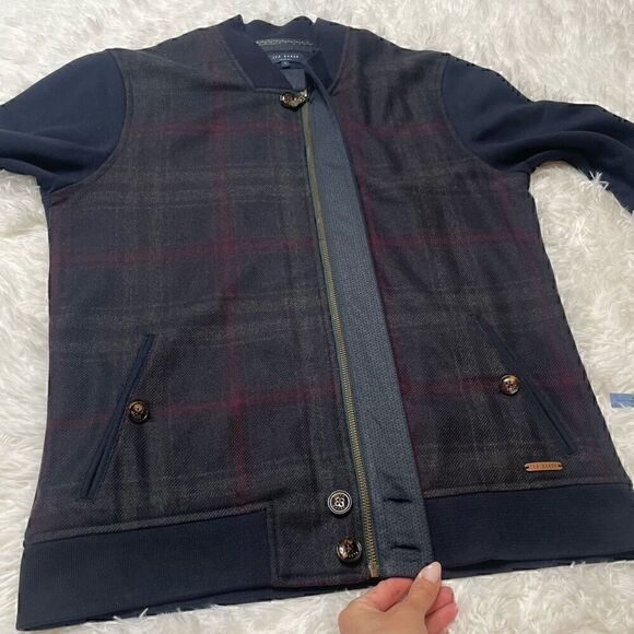 Ted Baker London Mens Small Wool Blend Plaid Full Zip Jacket Navy Blue Size 4 - Picture 5 of 10